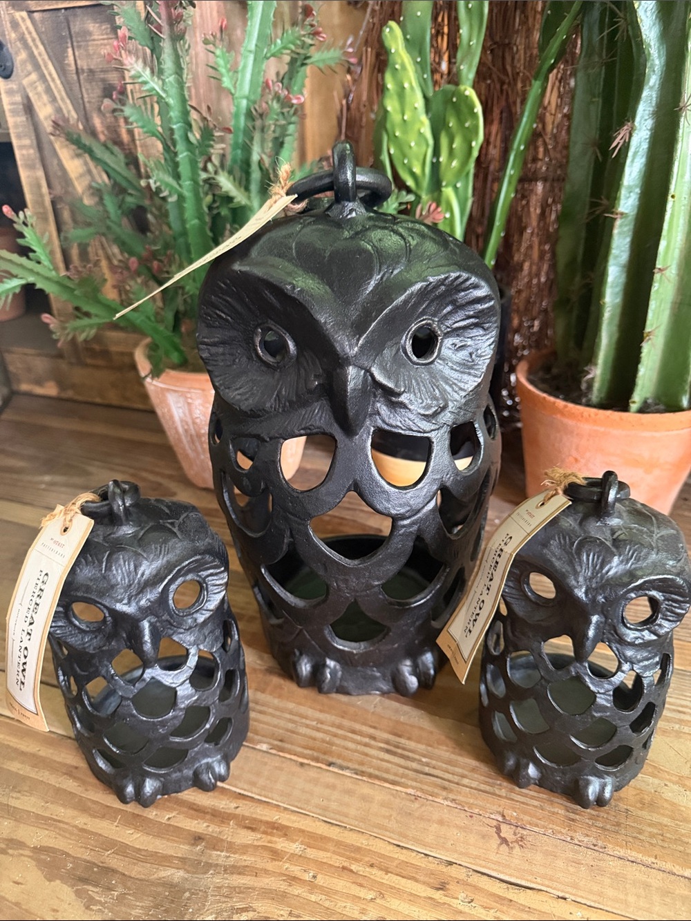 Pottery Barn Black Cast Iron Great  Owl 🦉 Pierced Lantern Trio RARE